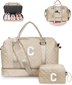 Daughter Birthday Gift-Initial Travel Bag with Shoe Compartment, Personalized Weekender Bag, Monogram Overnight Bag for Women, Letter Travel Bag with Makeup Bag (Letter C)