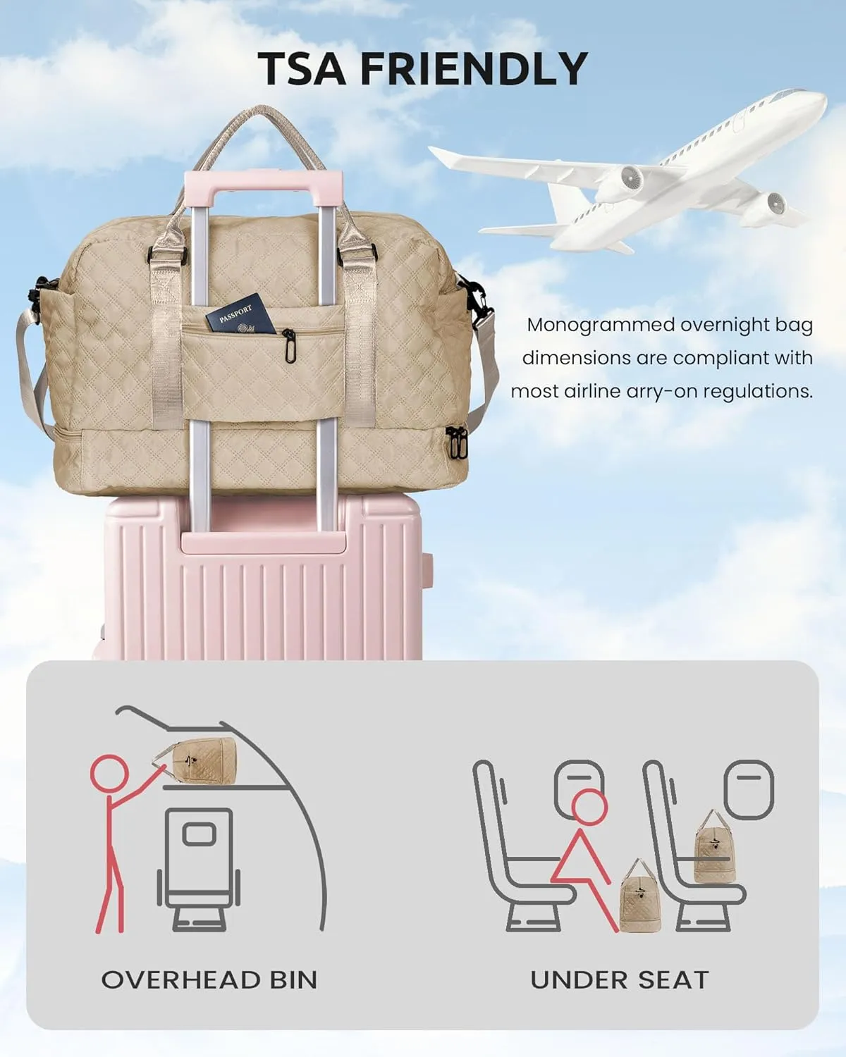 Daughter Birthday Gift-Initial Travel Bag with Shoe Compartment, Personalized Weekender Bag, Monogram Overnight Bag for Women, Letter Travel Bag with Makeup Bag (Letter C)