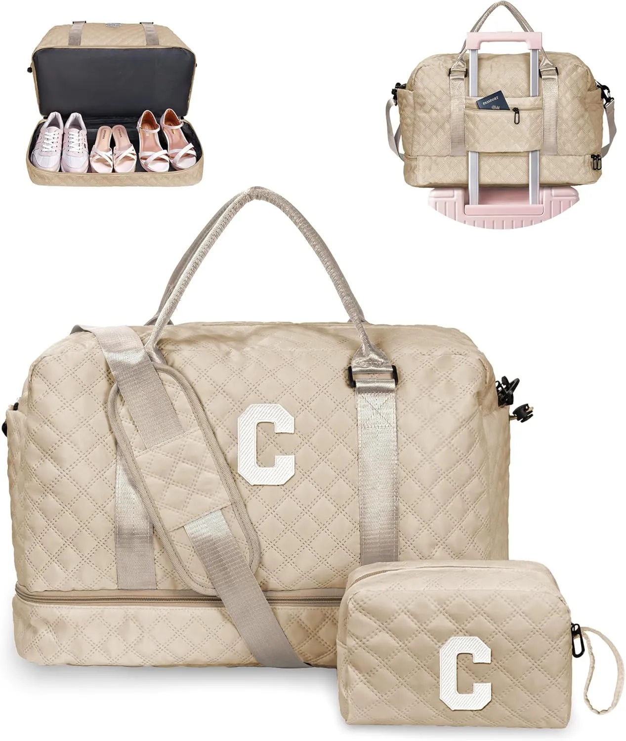Daughter Birthday Gift-Initial Travel Bag with Shoe Compartment, Personalized Weekender Bag, Monogram Overnight Bag for Women, Letter Travel Bag with Makeup Bag (Letter C)