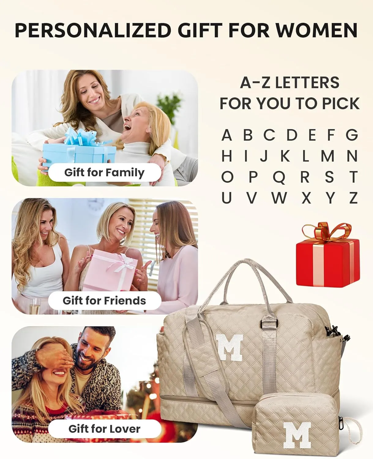 Daughter Birthday Gift-Initial Travel Bag with Shoe Compartment, Personalized Weekender Bag, Monogram Overnight Bag for Women, Letter Travel Bag with Makeup Bag (Letter C)