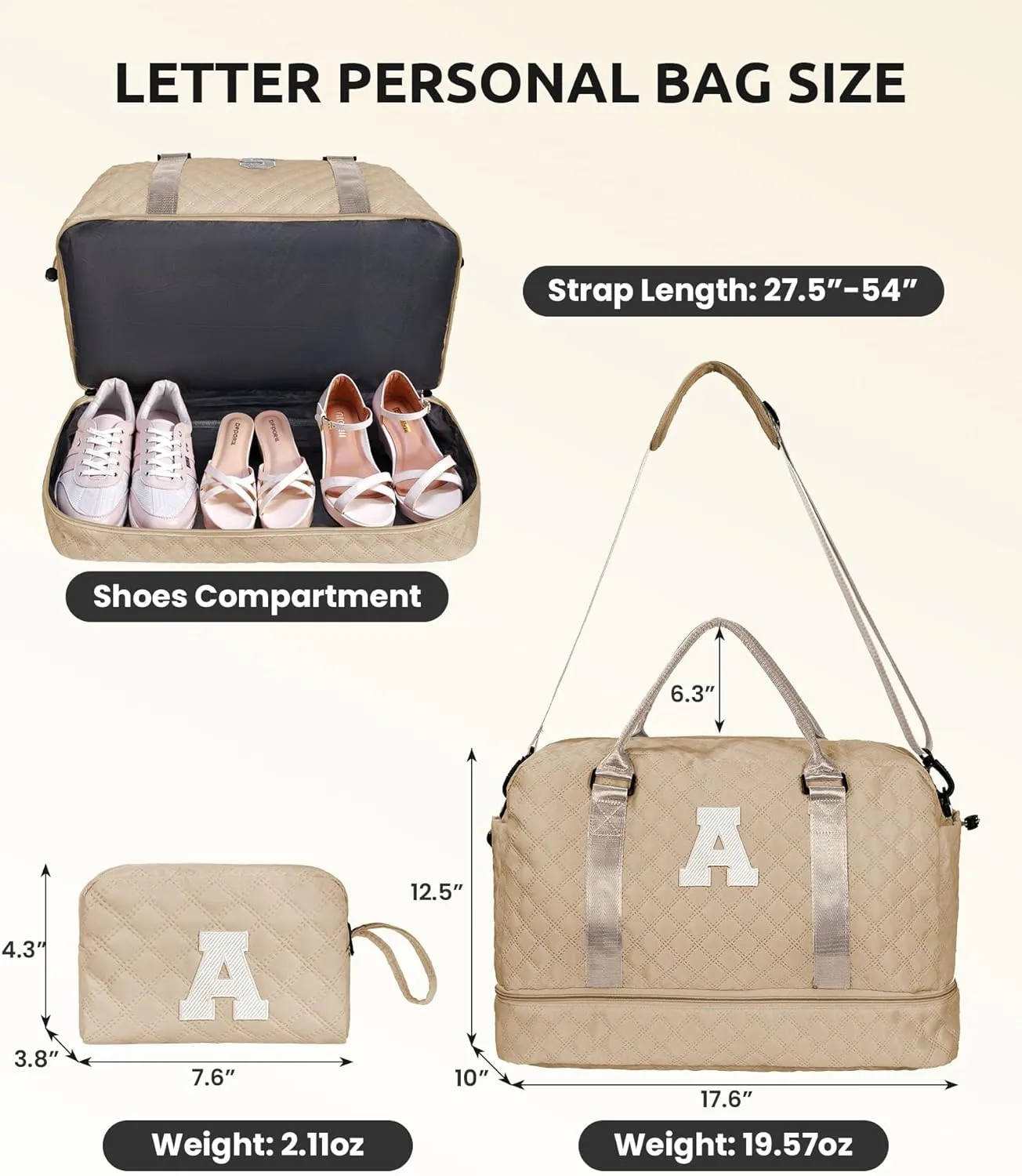 Daughter Birthday Gift-Initial Travel Bag with Shoe Compartment, Personalized Weekender Bag, Monogram Overnight Bag for Women, Letter Travel Bag with Makeup Bag (Letter C)