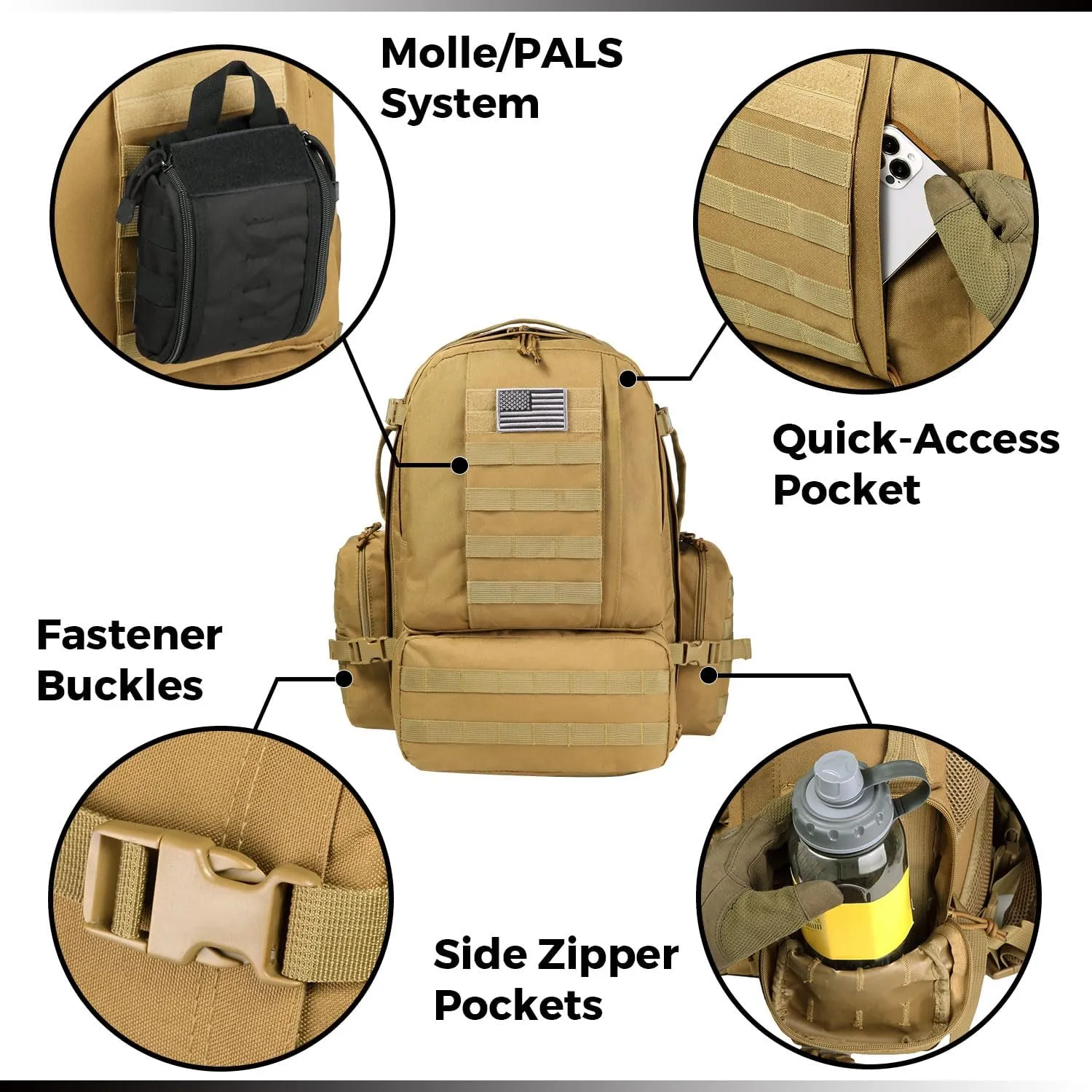 DBTAC DO MORE & BE MORE 50L Tactical Backpack | Large 3-Day Assault Pack, MOLLE Rucksack for School, Hiking, Work & Sports, Tan