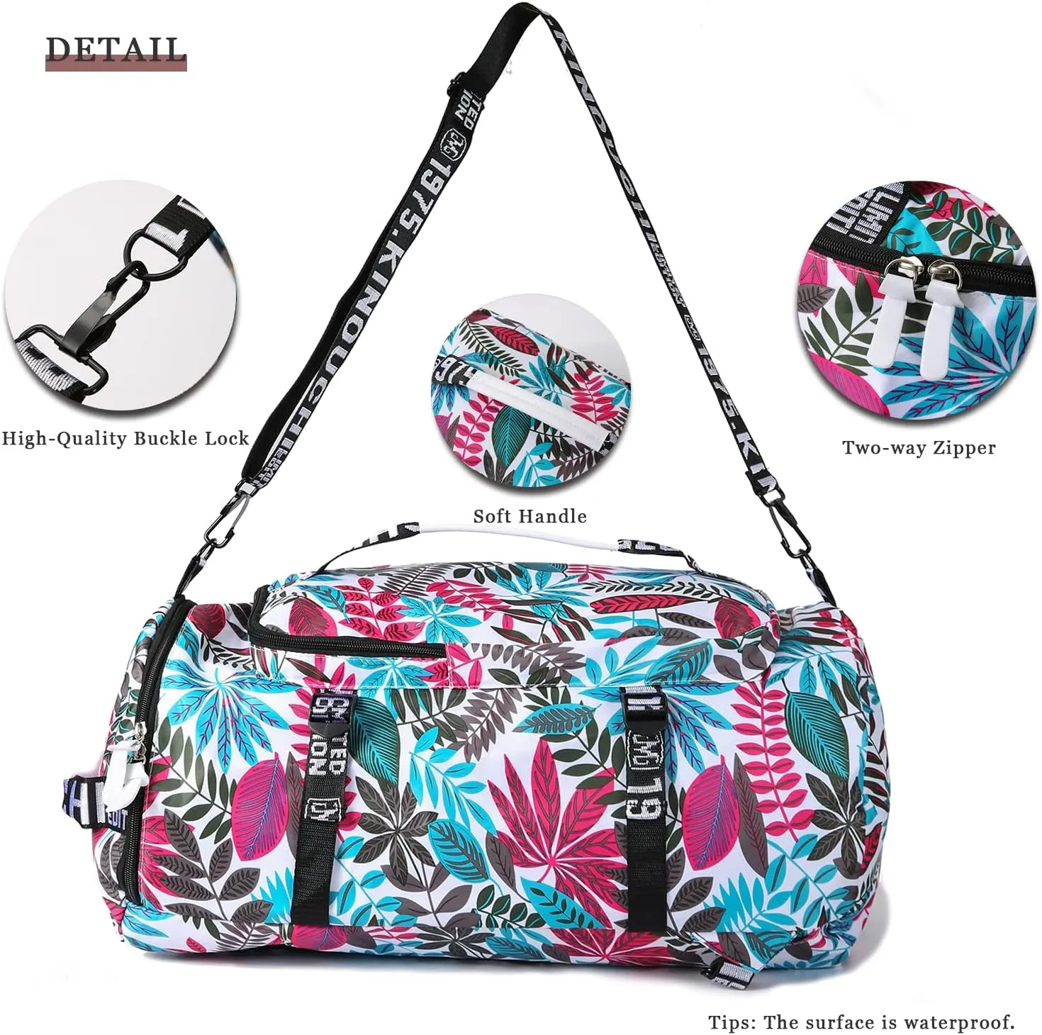 DEARART Backpack Bag Gym Bag For Women, Four Fashion Ways Waterproof Duffle Backpacks Beach Bags, Suit Gym Travel Sport Beach, Floral Leaves White