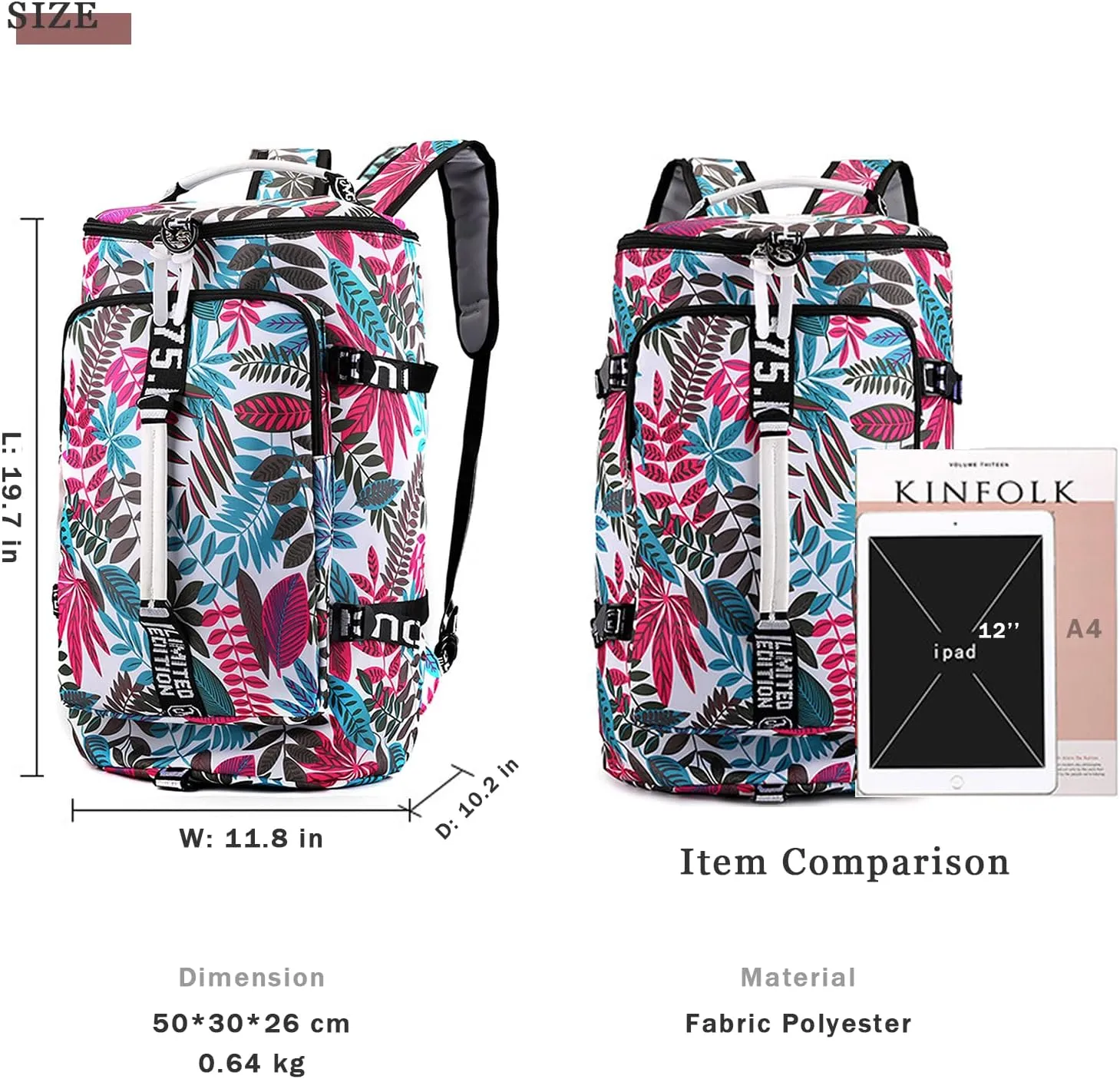 DEARART Backpack Bag Gym Bag For Women, Four Fashion Ways Waterproof Duffle Backpacks Beach Bags, Suit Gym Travel Sport Beach, Floral Leaves White