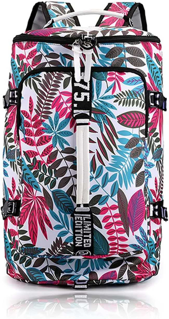 DEARART Backpack Bag Gym Bag For Women, Four Fashion Ways Waterproof Duffle Backpacks Beach Bags, Suit Gym Travel Sport Beach, Floral Leaves White