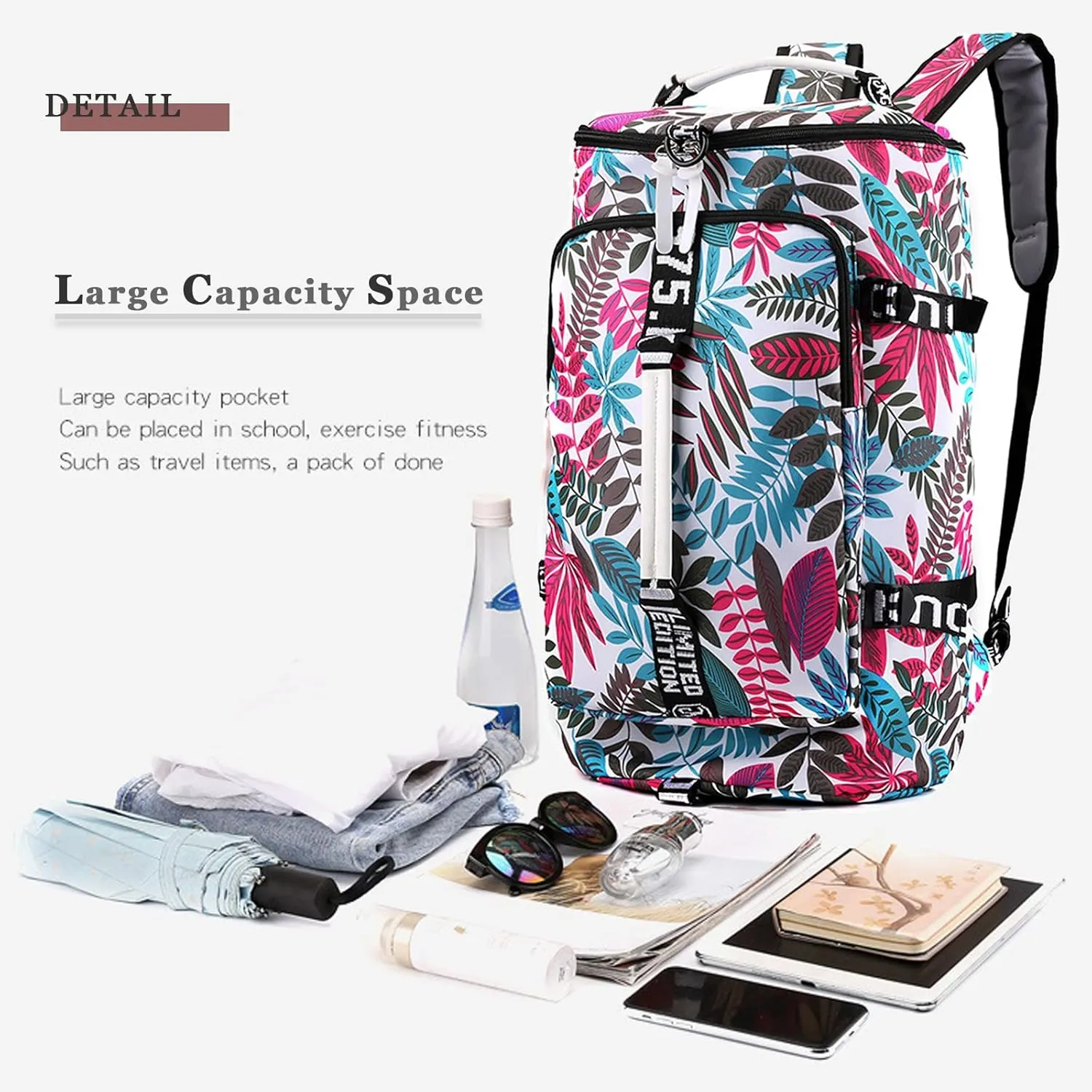 DEARART Backpack Bag Gym Bag For Women, Four Fashion Ways Waterproof Duffle Backpacks Beach Bags, Suit Gym Travel Sport Beach, Floral Leaves White