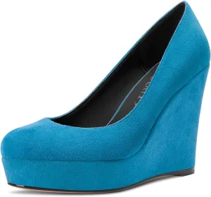 DearOnly Womens Wedge Platform Pumps Closed Round Toe High Block Chunky Heel Suede Dress Shoes Bridal Wedding Shopping Cute 4 Inch