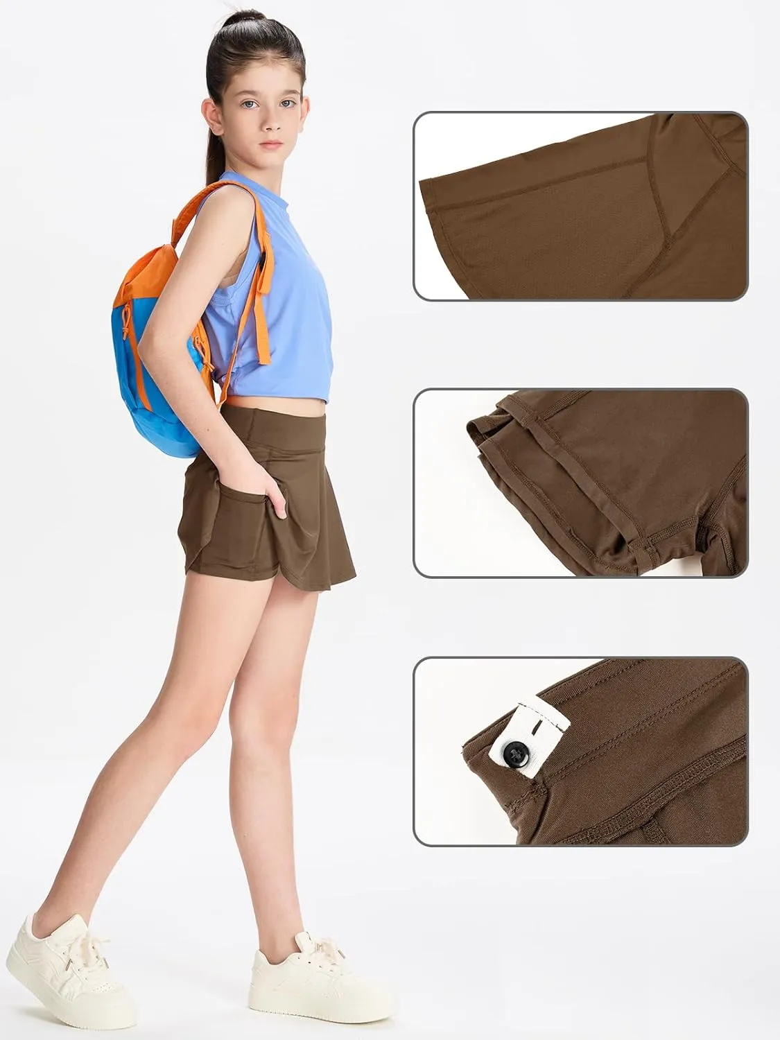 DEVOROPA Girls Tennis Skirts Stretch Adjustable Waist Youth Golf Athletic Pleated Skorts Lining Kids Cheer Shorts Pocket