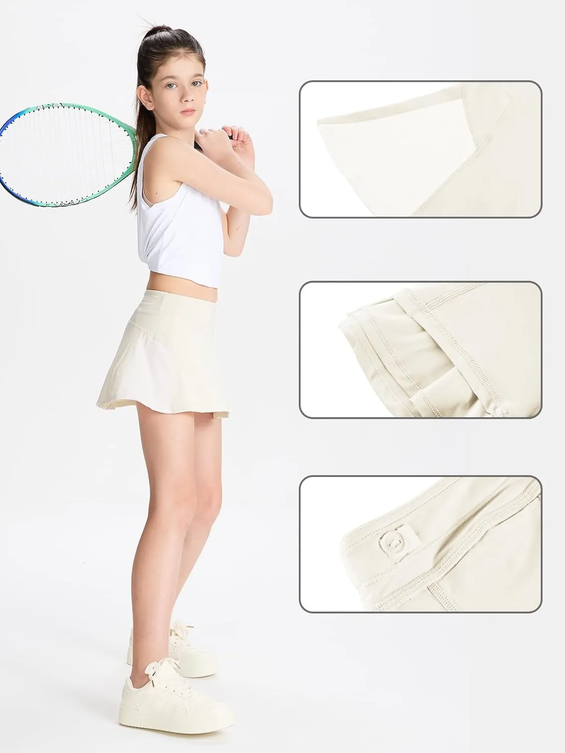 DEVOROPA Girls Tennis Skirts Stretch Adjustable Waist Youth Golf Athletic Pleated Skorts Lining Kids Cheer Shorts Pocket
