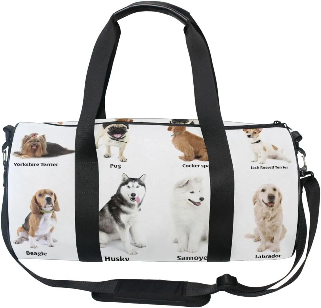 Different Breeds of Dogs Isolated on White Portable Gym Bag, Travel Bag, Luggage bag, Sports Bag, Toiletry Bag with Handles, Detachable Shoulder Strap 17.6 x 9 x 9 inch