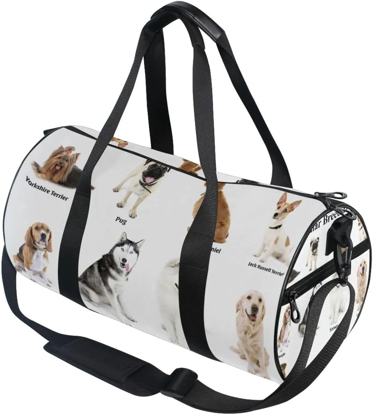 Different Breeds of Dogs Isolated on White Portable Gym Bag, Travel Bag, Luggage bag, Sports Bag, Toiletry Bag with Handles, Detachable Shoulder Strap 17.6 x 9 x 9 inch