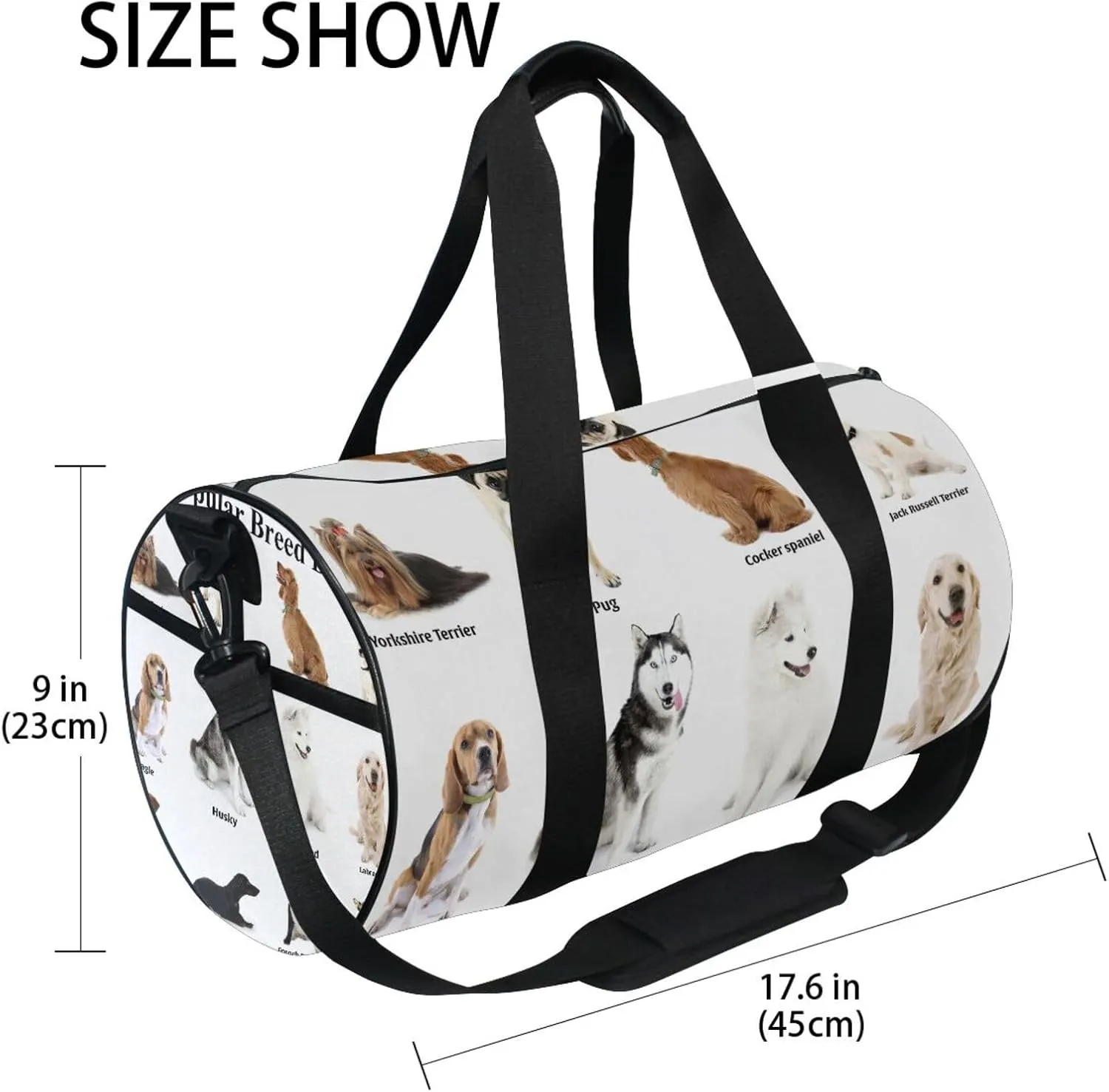 Different Breeds of Dogs Isolated on White Portable Gym Bag, Travel Bag, Luggage bag, Sports Bag, Toiletry Bag with Handles, Detachable Shoulder Strap 17.6 x 9 x 9 inch
