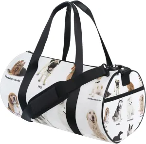 Different Breeds of Dogs Isolated on White Portable Gym Bag, Travel Bag, Luggage bag, Sports Bag, Toiletry Bag with Handles, Detachable Shoulder Strap 17.6 x 9 x 9 inch
