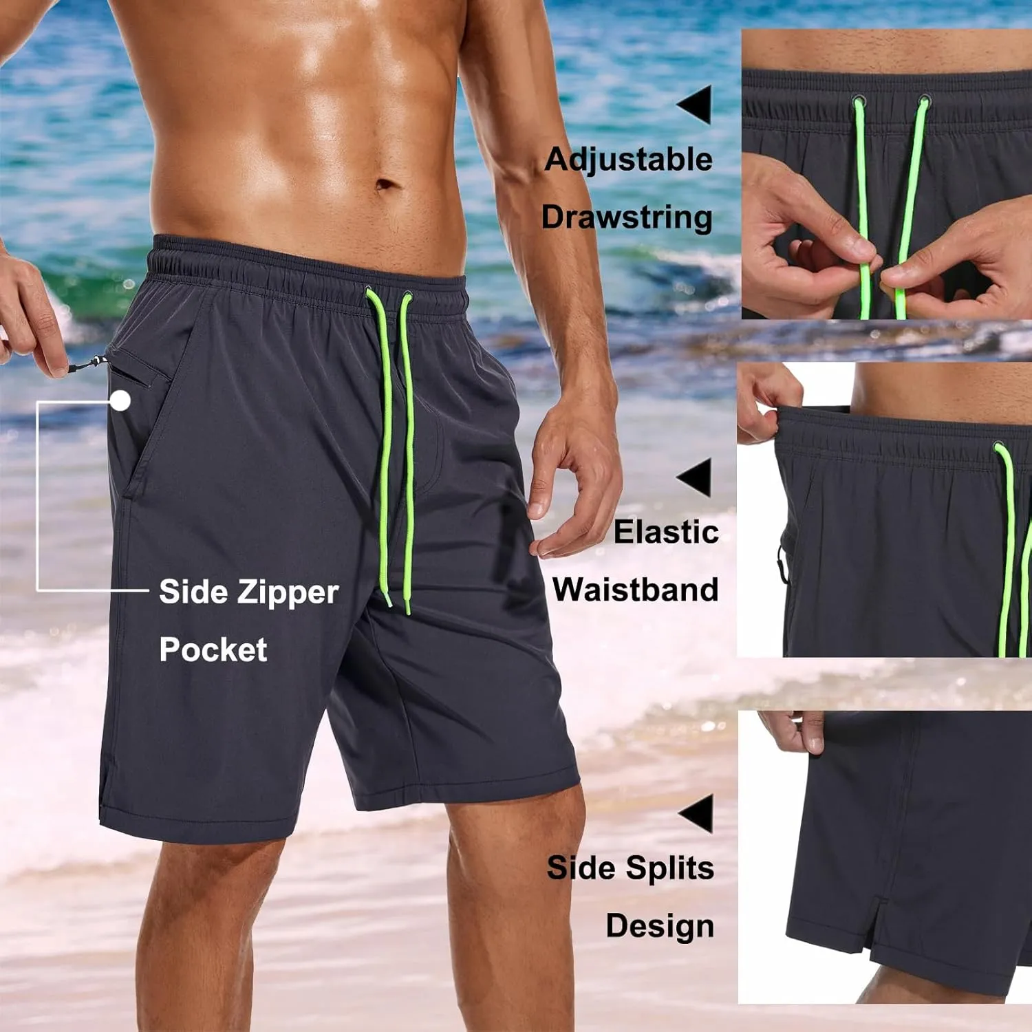 difficort Mens Swim Trunks Quick Dry Bathing Suit 9 inch Inseam Board Shorts with Compression Liner and Zipper Pocket
