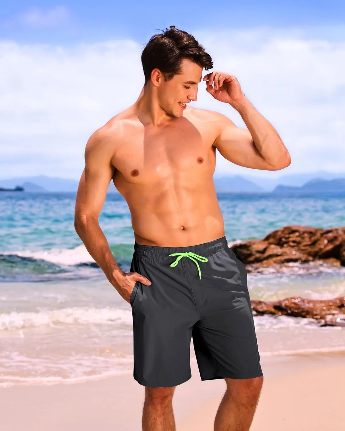 difficort Mens Swim Trunks Quick Dry Bathing Suit 9 inch Inseam Board Shorts with Compression Liner and Zipper Pocket