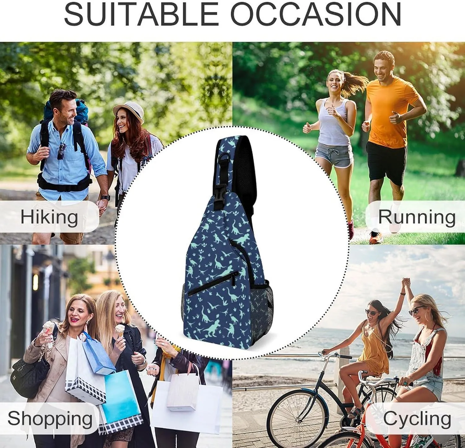 Dinosaur Sling Bag Lightweight Crossbody Sling Backpack Casual Shoulder Chest Bag Purse Crossbody Fanny Pack for Women Men Runners Gym Hiking Anti Theft