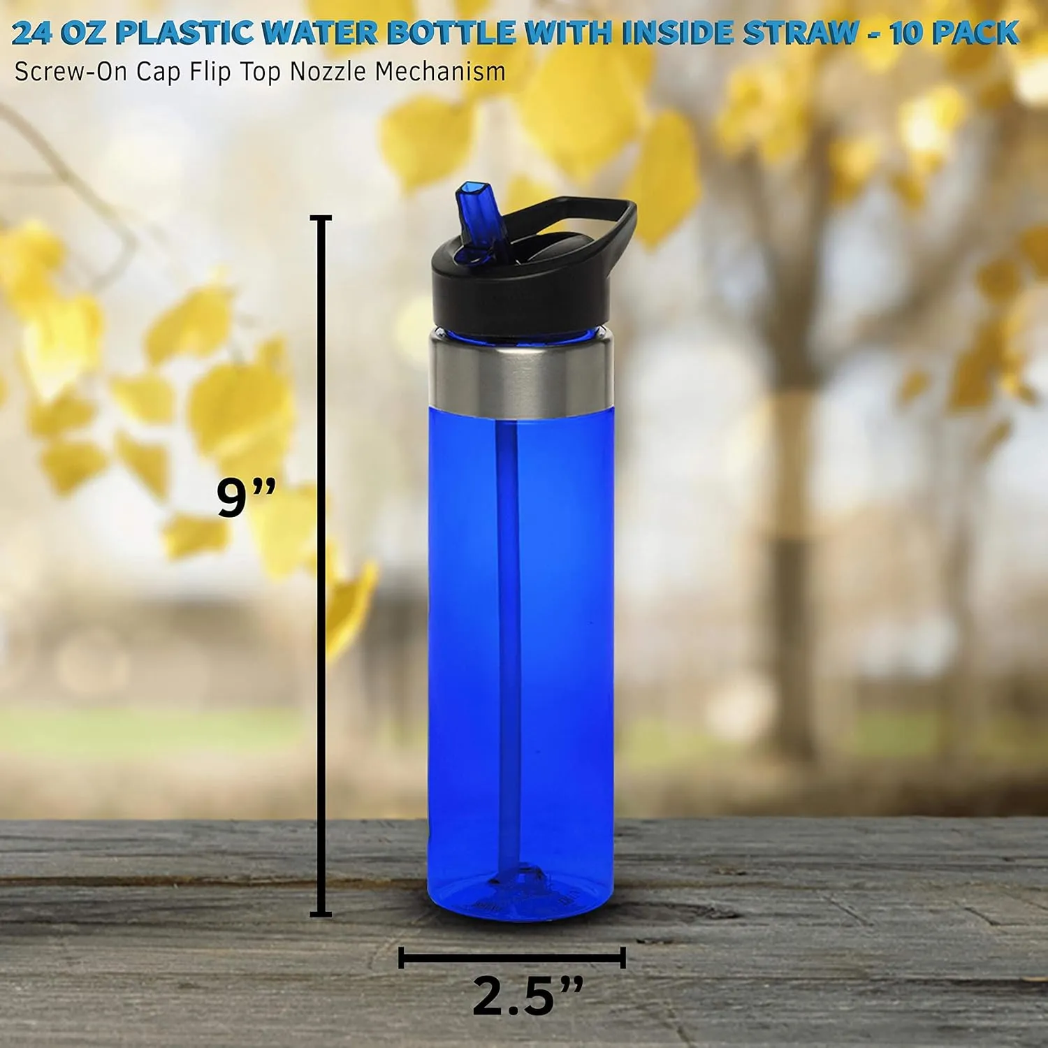 DISCOUNT PROMOS Plastic Water Bottle 24 oz with Inside Straw - BPA Free, Screw-On Cap, Flip Top Nozzle Mechanism - Slim Translucent Body - Eastman Tritan Copolyester - Blue - 10 Pack