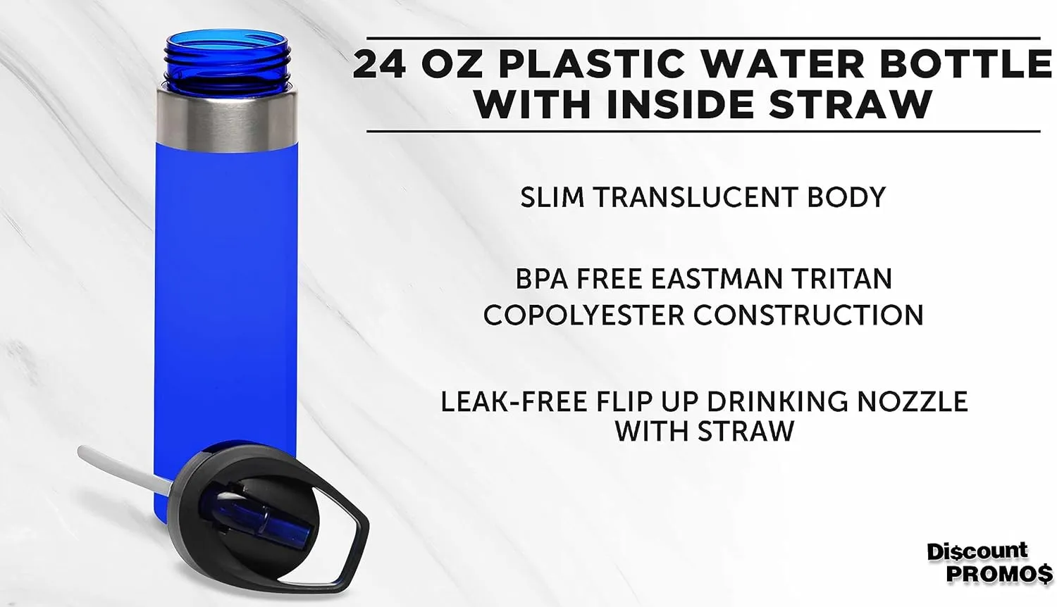DISCOUNT PROMOS Plastic Water Bottle 24 oz with Inside Straw - BPA Free, Screw-On Cap, Flip Top Nozzle Mechanism - Slim Translucent Body - Eastman Tritan Copolyester - Blue - 10 Pack