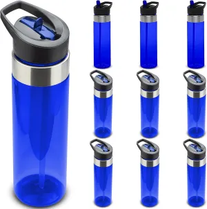 DISCOUNT PROMOS Plastic Water Bottle 24 oz with Inside Straw - BPA Free, Screw-On Cap, Flip Top Nozzle Mechanism - Slim Translucent Body - Eastman Tritan Copolyester - Blue - 10 Pack