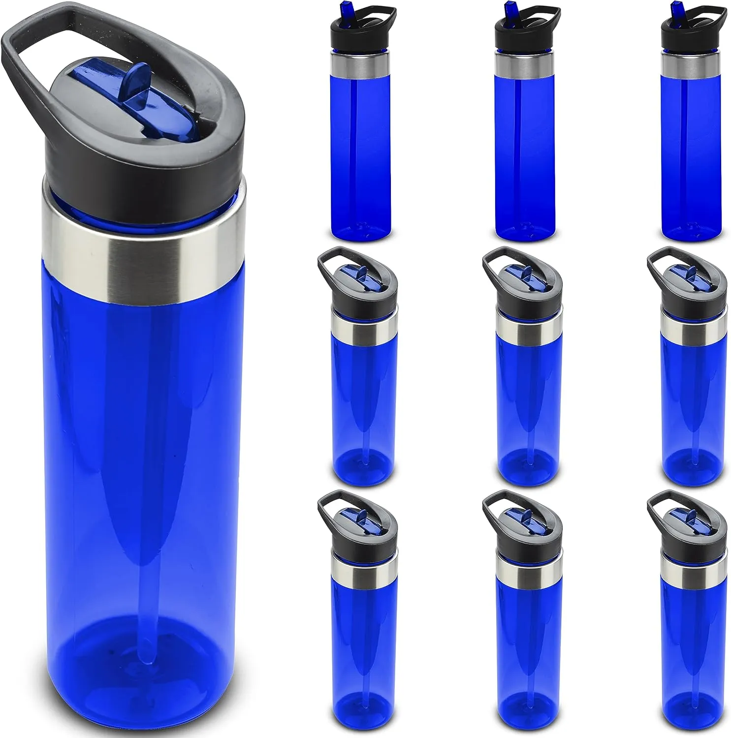 DISCOUNT PROMOS Plastic Water Bottle 24 oz with Inside Straw - BPA Free, Screw-On Cap, Flip Top Nozzle Mechanism - Slim Translucent Body - Eastman Tritan Copolyester - Blue - 10 Pack