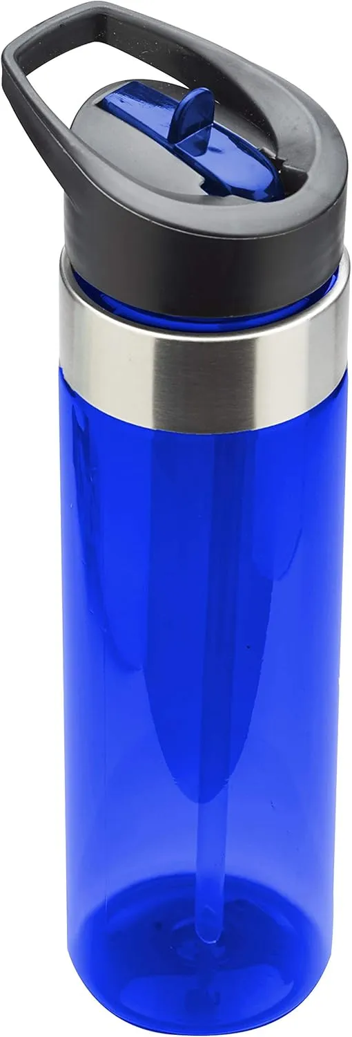 DISCOUNT PROMOS Plastic Water Bottle 24 oz with Inside Straw - BPA Free, Screw-On Cap, Flip Top Nozzle Mechanism - Slim Translucent Body - Eastman Tritan Copolyester - Blue - 10 Pack