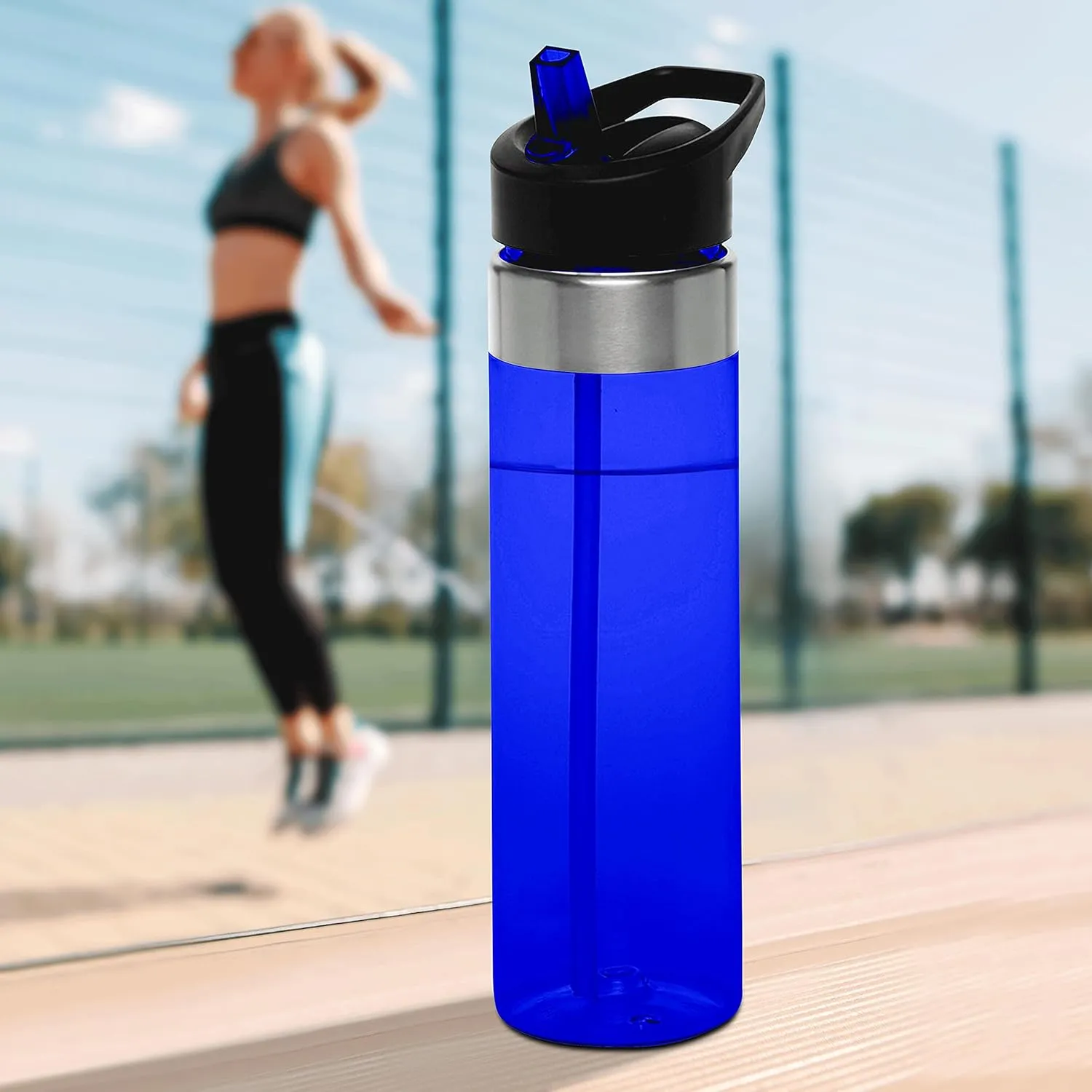 DISCOUNT PROMOS Plastic Water Bottle 24 oz with Inside Straw - BPA Free, Screw-On Cap, Flip Top Nozzle Mechanism - Slim Translucent Body - Eastman Tritan Copolyester - Blue - 10 Pack