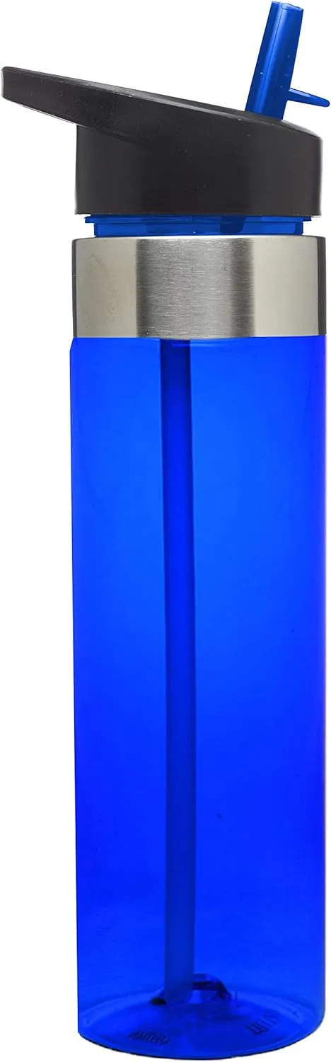 DISCOUNT PROMOS Plastic Water Bottle 24 oz with Inside Straw - BPA Free, Screw-On Cap, Flip Top Nozzle Mechanism - Slim Translucent Body - Eastman Tritan Copolyester - Blue - 10 Pack