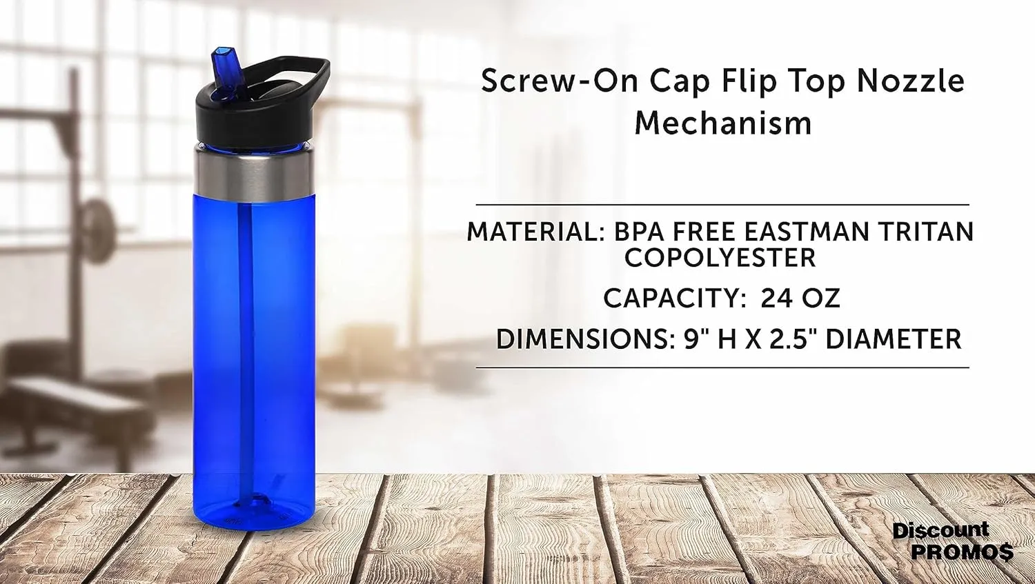DISCOUNT PROMOS Plastic Water Bottle 24 oz with Inside Straw - BPA Free, Screw-On Cap, Flip Top Nozzle Mechanism - Slim Translucent Body - Eastman Tritan Copolyester - Blue - 10 Pack