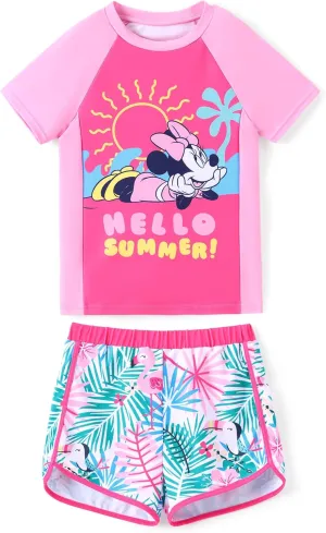 Disney Frozen Elsa Princess Girls Two Piece UPF 50  Protection Quick-Dry Short Sleeve Swim Sets Rashguard Bathing Suit