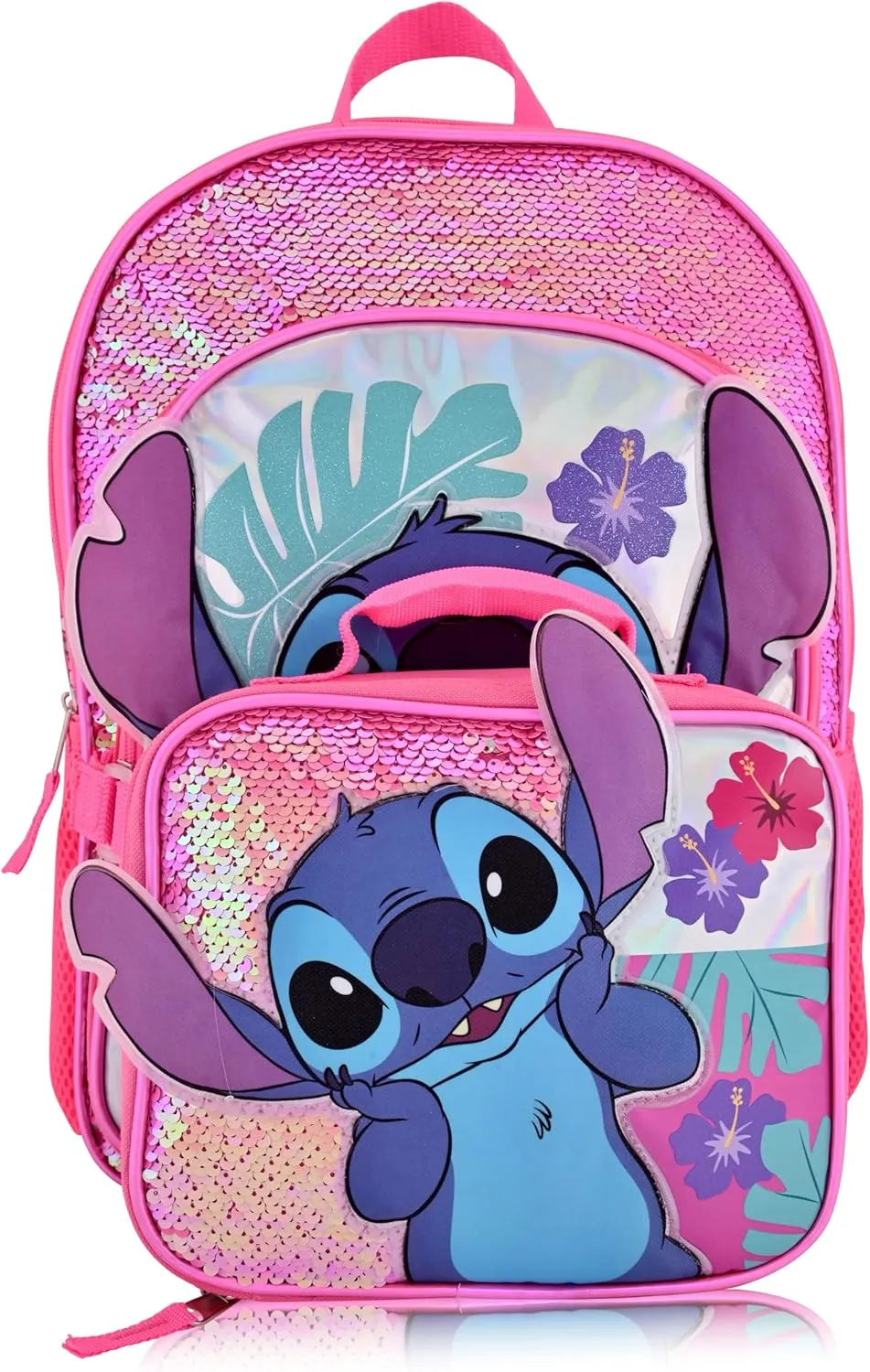 Disney Lilo and Stitch Backpack With Lunch Box for Girls with Glitter | Sequined Insulated Lunch Bag Lunch Box for Girls, Boys, Toddlers | Stitch Pink Backpack for School and Reusable Lunchbox