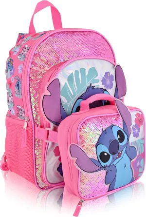 Disney Lilo and Stitch Backpack With Lunch Box for Girls with Glitter | Sequined Insulated Lunch Bag Lunch Box for Girls, Boys, Toddlers | Stitch Pink Backpack for School and Reusable Lunchbox