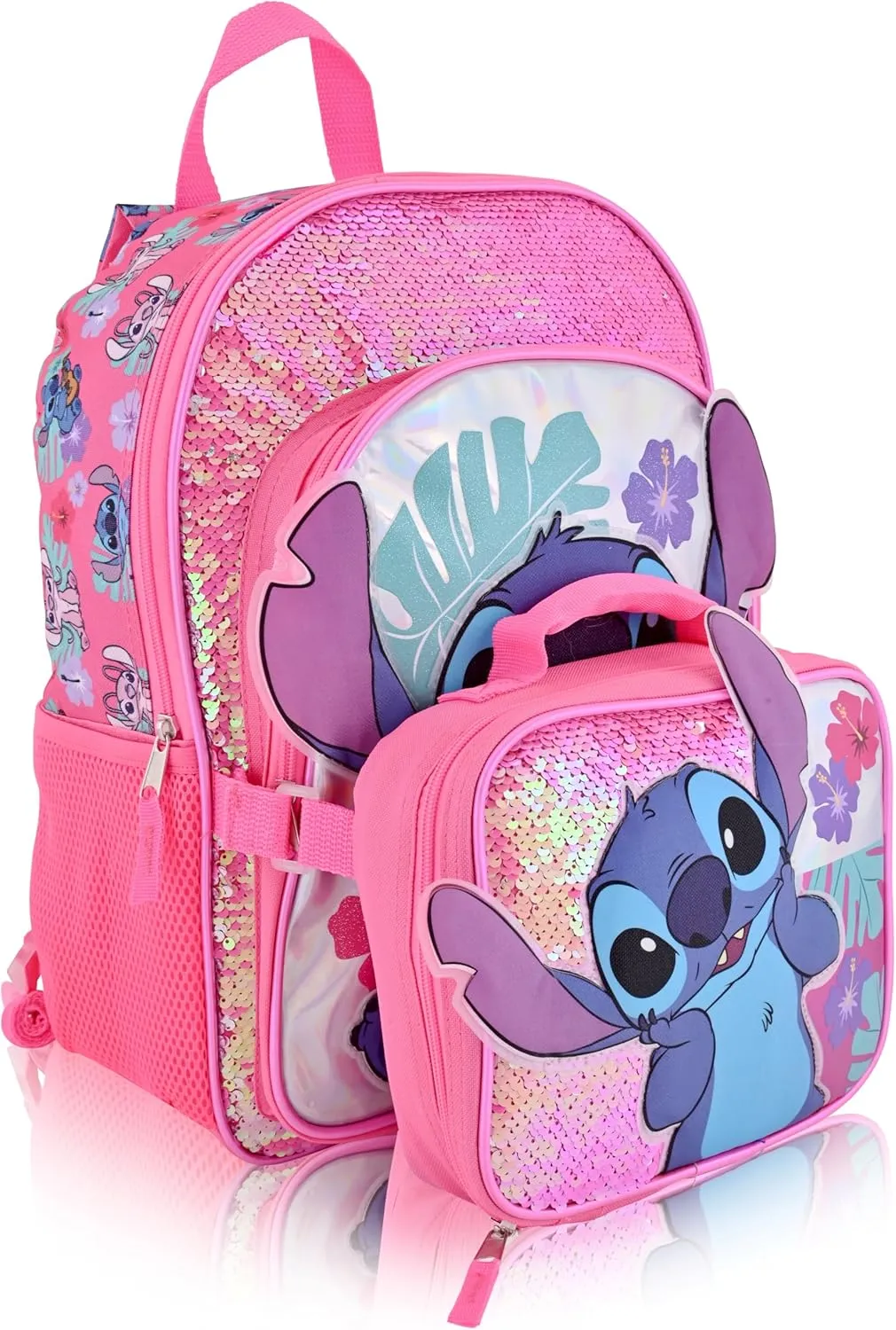 Disney Lilo and Stitch Backpack With Lunch Box for Girls with Glitter | Sequined Insulated Lunch Bag Lunch Box for Girls, Boys, Toddlers | Stitch Pink Backpack for School and Reusable Lunchbox