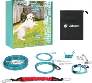 Dog Runner for Yard, Dog Trolley System for Large Dogs Up to 300 lbs, 75 ft Heavy Duty Run Cable with 15 ft Anti Shock Aerial Leash, Outside Zip Line for Backyard, Park, Camping
