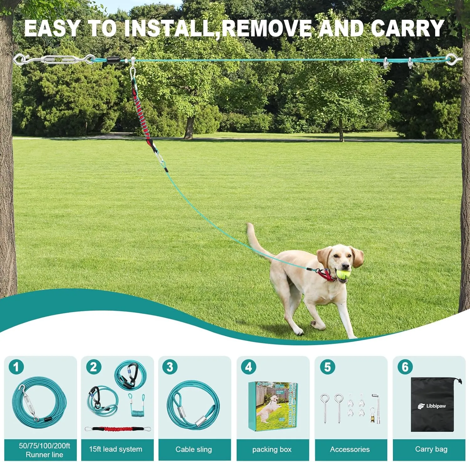 Dog Runner for Yard, Dog Trolley System for Large Dogs Up to 300 lbs, 75 ft Heavy Duty Run Cable with 15 ft Anti Shock Aerial Leash, Outside Zip Line for Backyard, Park, Camping