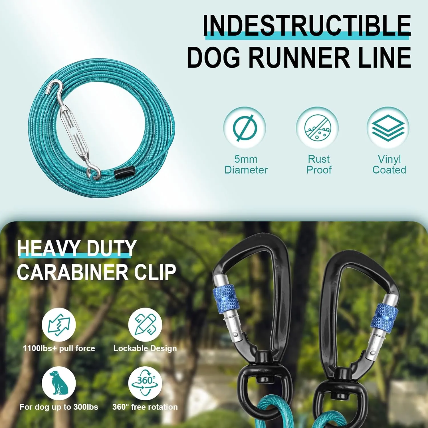 Dog Runner for Yard, Dog Trolley System for Large Dogs Up to 300 lbs, 75 ft Heavy Duty Run Cable with 15 ft Anti Shock Aerial Leash, Outside Zip Line for Backyard, Park, Camping