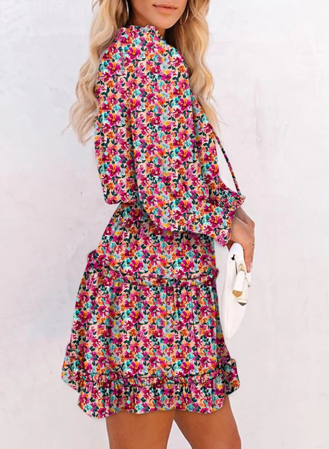 Dokotoo Summer Dresses for Women 2025 Boho Floral Drawstring V Neck Smocked Long Sleeve Ruffle Tiered Chiffon Mini Dress