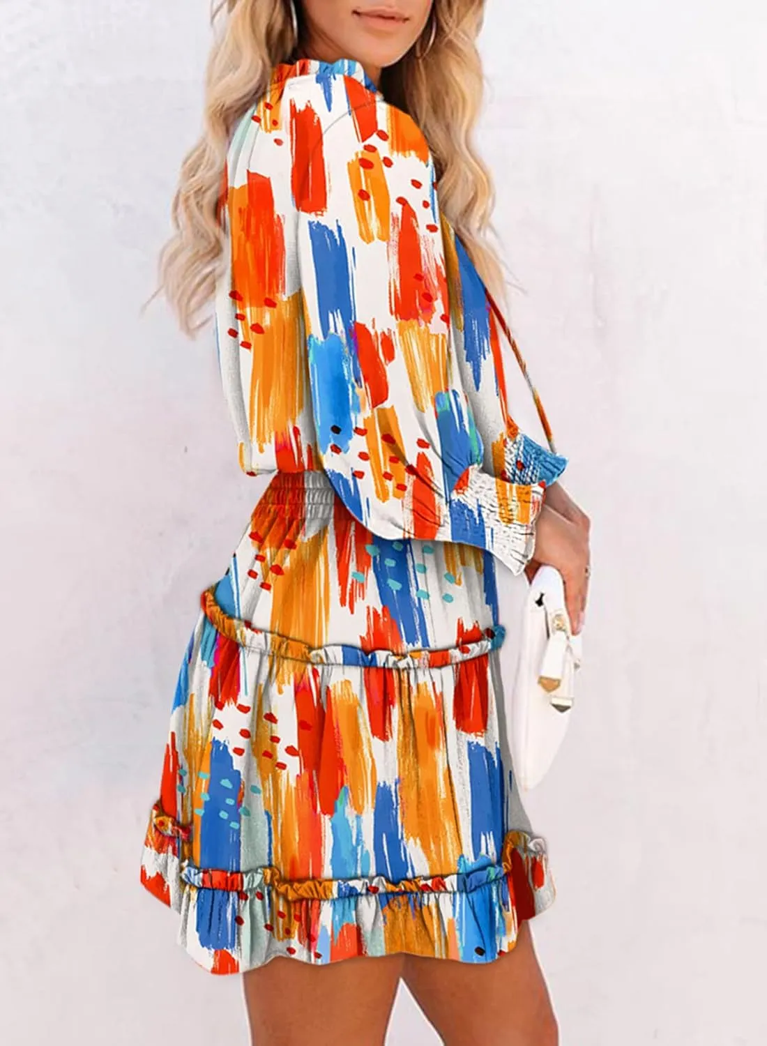 Dokotoo Summer Dresses for Women 2025 Boho Floral Drawstring V Neck Smocked Long Sleeve Ruffle Tiered Chiffon Mini Dress