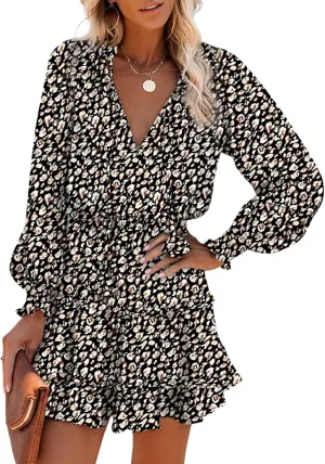 Dokotoo Summer Dresses for Women 2025 Boho Floral Drawstring V Neck Smocked Long Sleeve Ruffle Tiered Chiffon Mini Dress