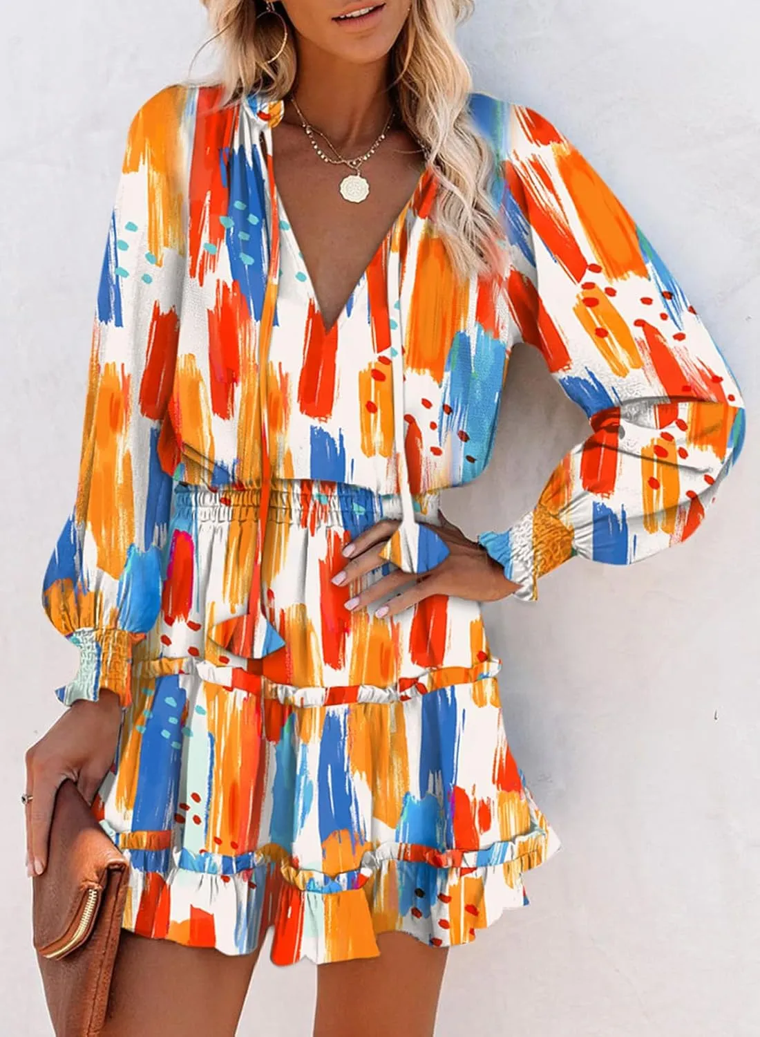 Dokotoo Summer Dresses for Women 2025 Boho Floral Drawstring V Neck Smocked Long Sleeve Ruffle Tiered Chiffon Mini Dress