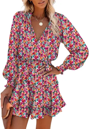 Dokotoo Summer Dresses for Women 2025 Boho Floral Drawstring V Neck Smocked Long Sleeve Ruffle Tiered Chiffon Mini Dress