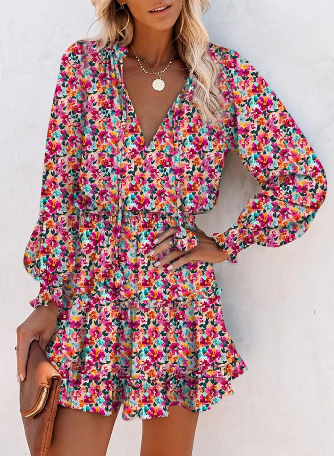 Dokotoo Summer Dresses for Women 2025 Boho Floral Drawstring V Neck Smocked Long Sleeve Ruffle Tiered Chiffon Mini Dress