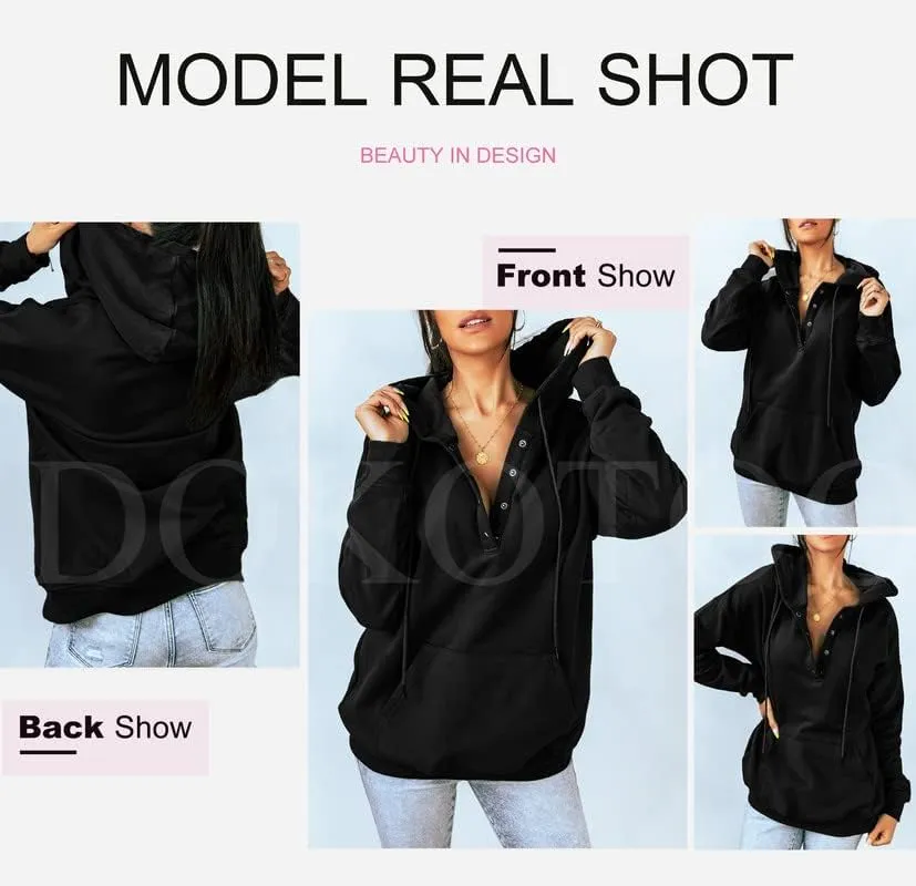 Dokotoo Womens 2025 Hoodies Button Collar Drawstring Hooded Pullover Sweatshirt Casual Long Sleeve Tops Shirts