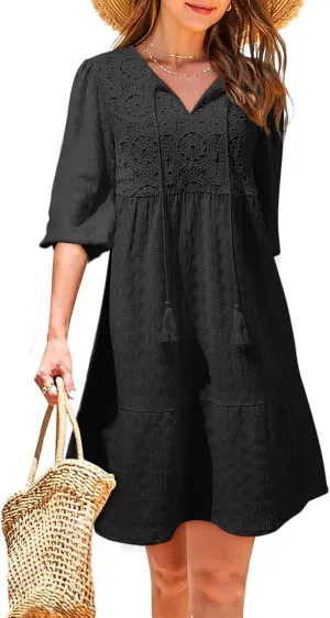Dokotoo Womens Dresses Summer V Neck Drawstring Embroidered Half Sleeve Mini Dress Boho Dresses for Women 2025 Sundresses
