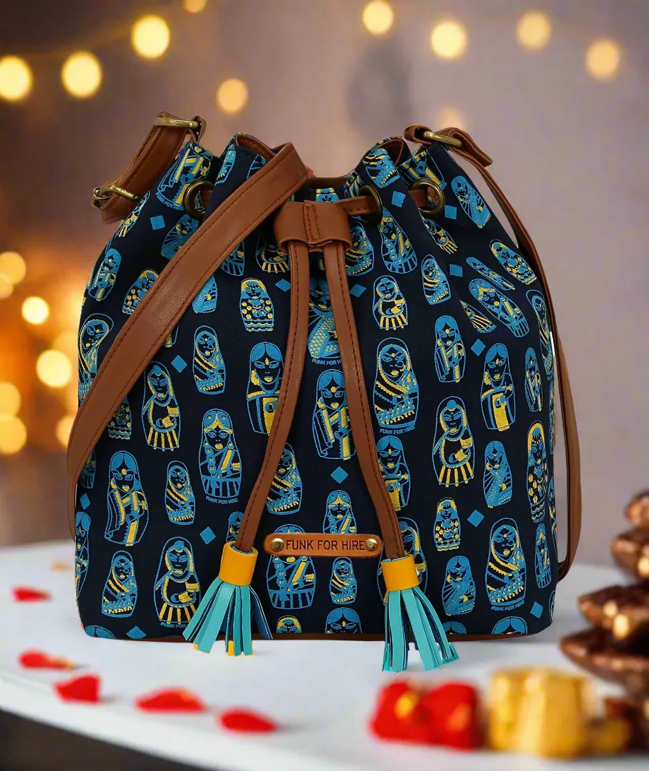 Doll Printed Drawstring Sling Bag Navy Blue