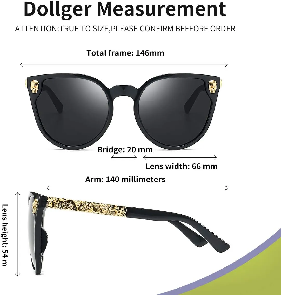 Dollger Rimless Skull Design Cat Eye Sunglasses UV400 Protection
