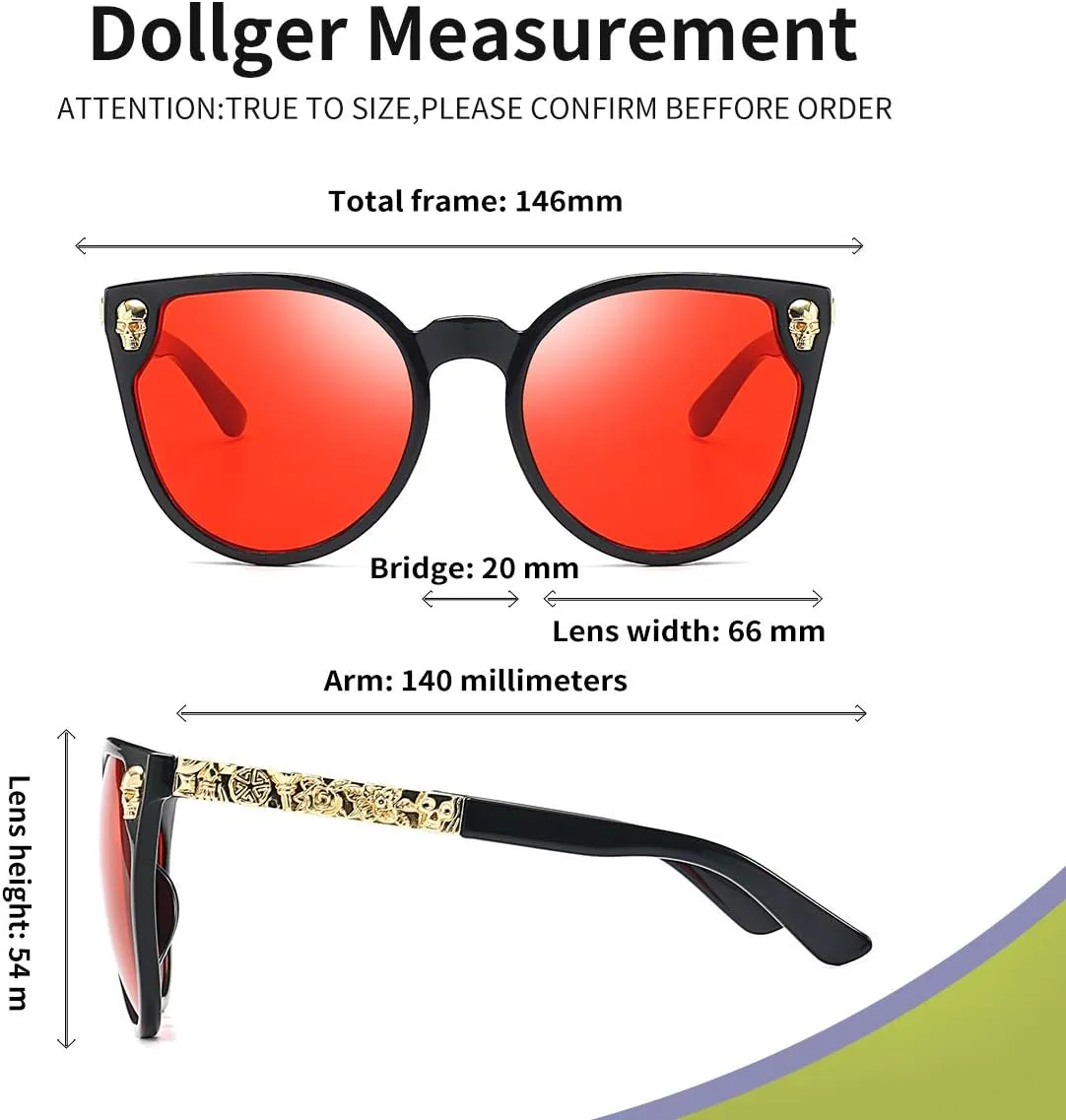 Dollger Rimless Skull Design Cat Eye Sunglasses UV400 Protection