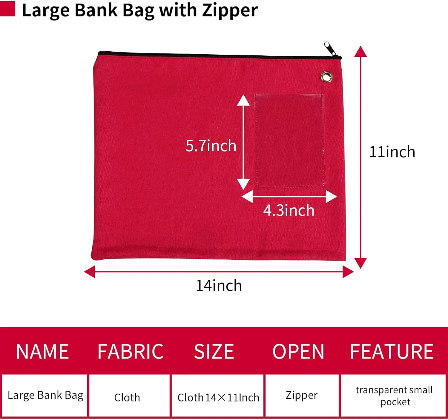 DOSTATNI 14×11Inch Large Bank Bag with Zipper Red Bank Deposit Bag with Grommet Interoffice Mailer Canvas Transit Sack for Documents Money Passport (red)