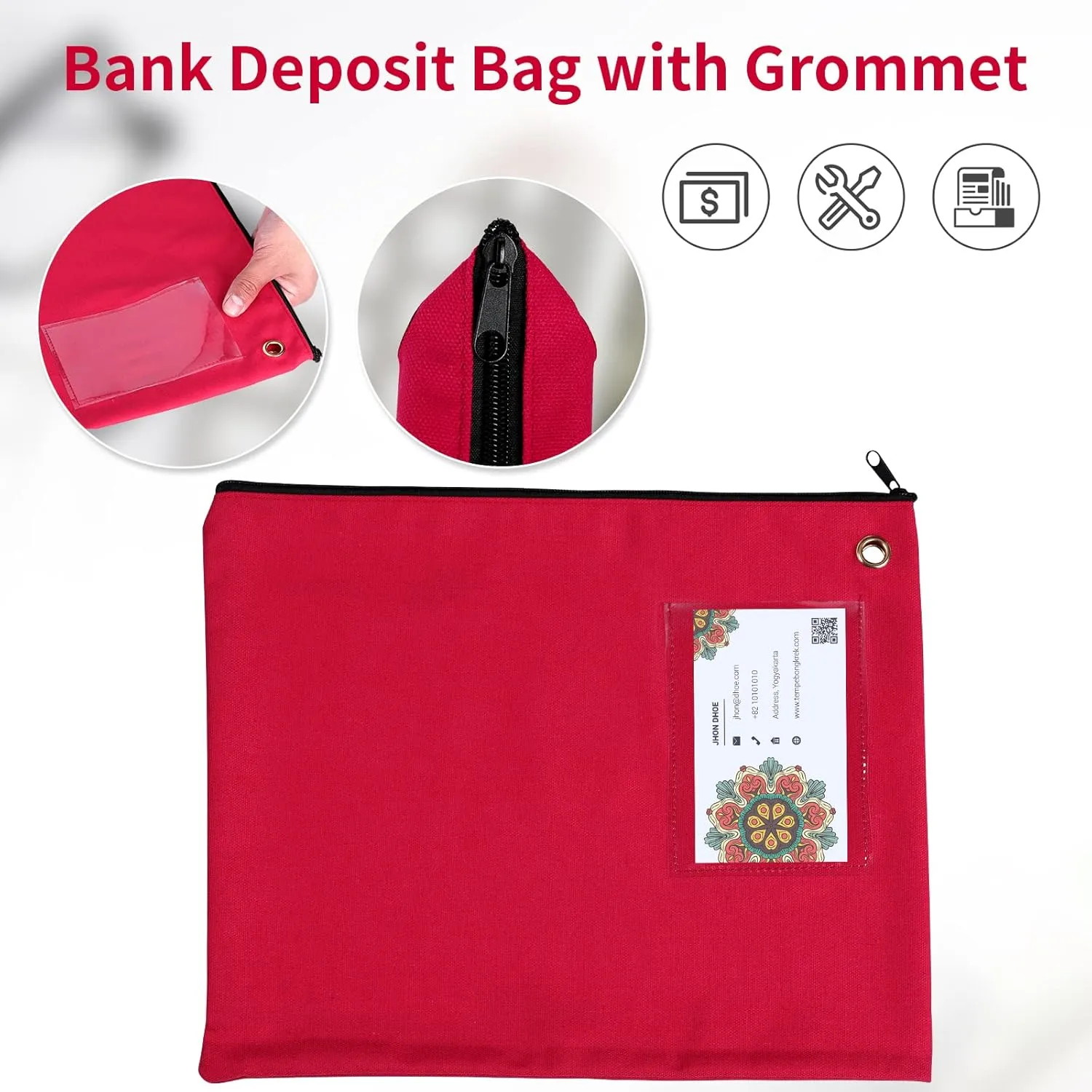 DOSTATNI 14×11Inch Large Bank Bag with Zipper Red Bank Deposit Bag with Grommet Interoffice Mailer Canvas Transit Sack for Documents Money Passport (red)
