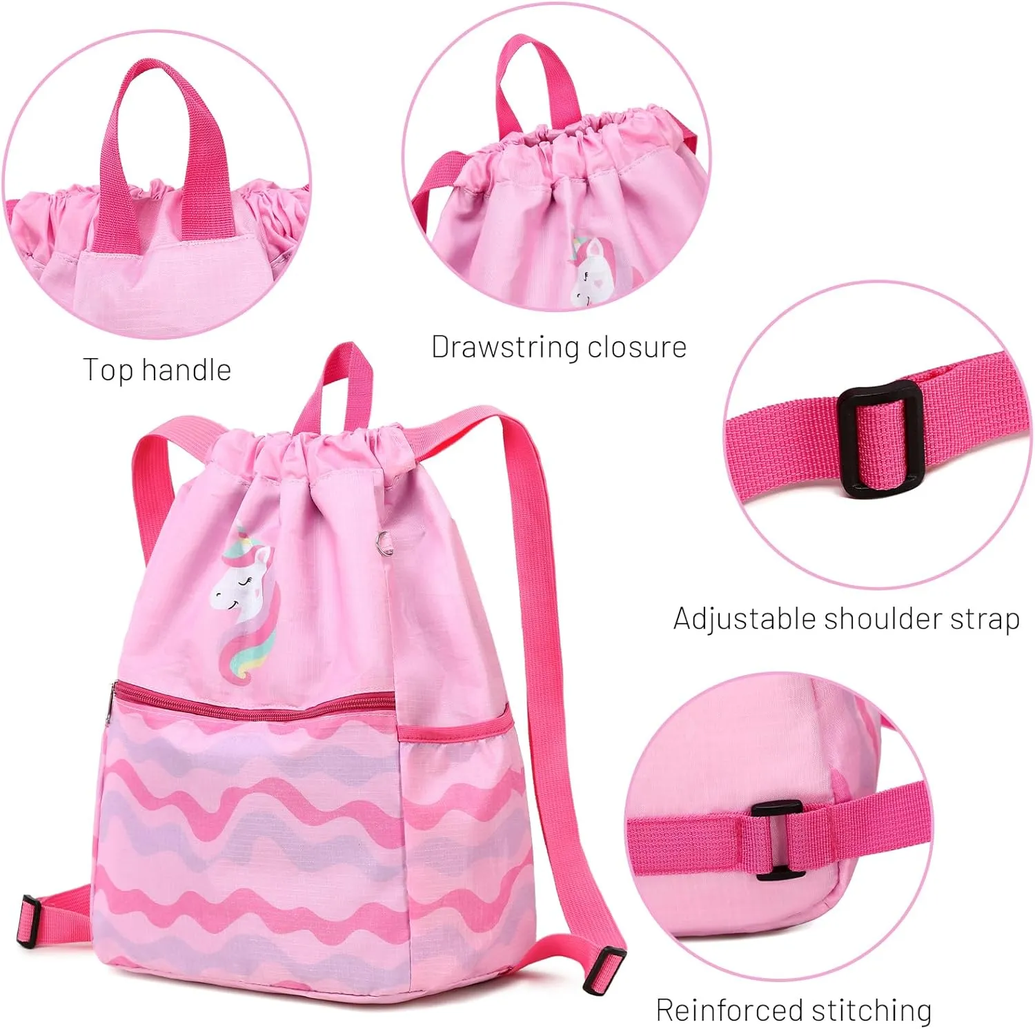 Drawstring Backpack for Girls Women Lgihtweight Large Travel Bags Sport String Bag Sackpack for Gym Shopping Yoga Bag Unicorn Pink