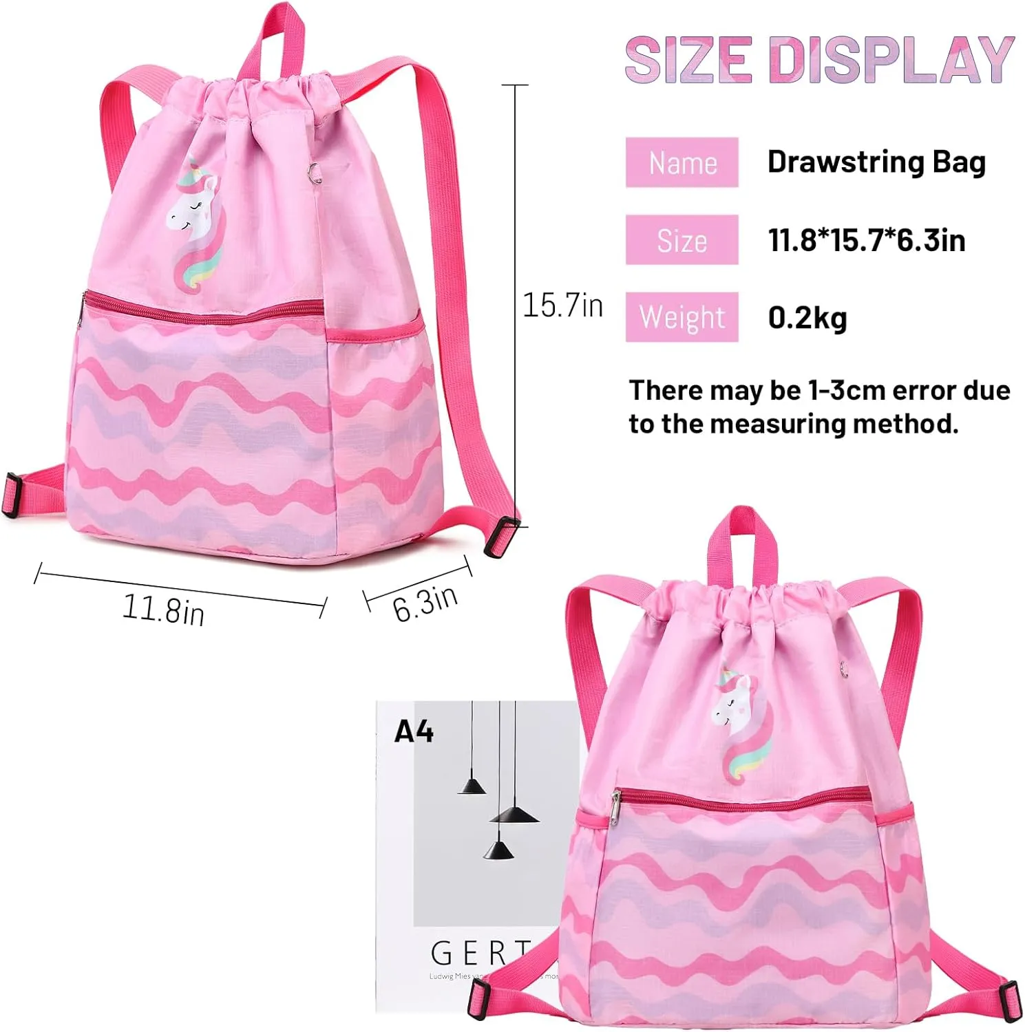 Drawstring Backpack for Girls Women Lgihtweight Large Travel Bags Sport String Bag Sackpack for Gym Shopping Yoga Bag Unicorn Pink